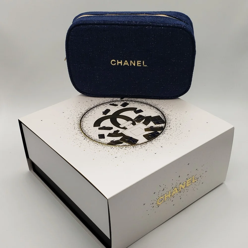 Authentic Chanel Cosmetic Bag Blue Gold Gift Box